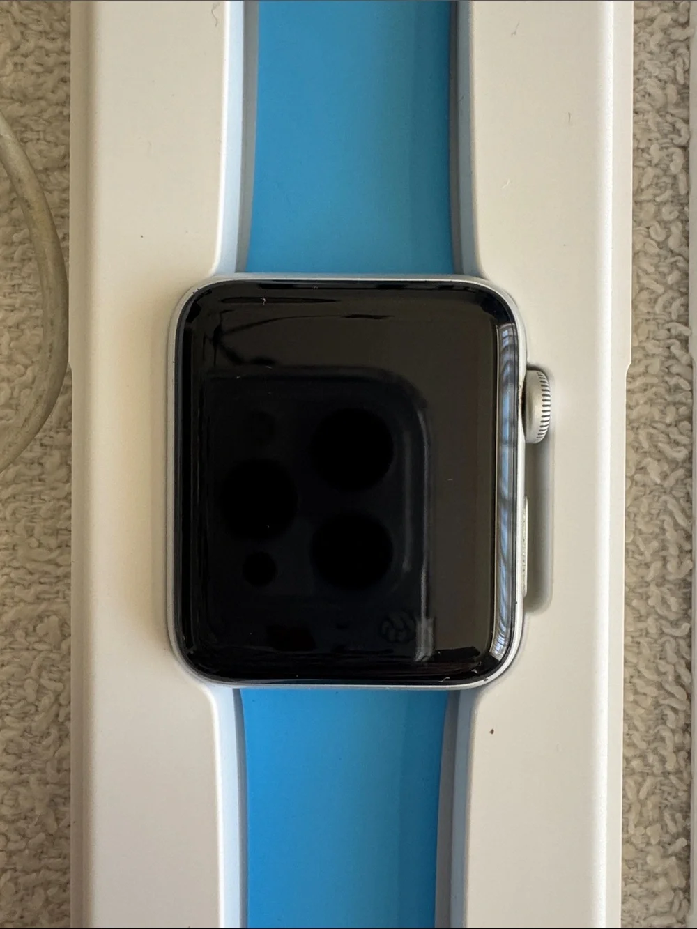 Apple Watch Series 3 with Bright Blue Sport Band Magnetic Charger and Case